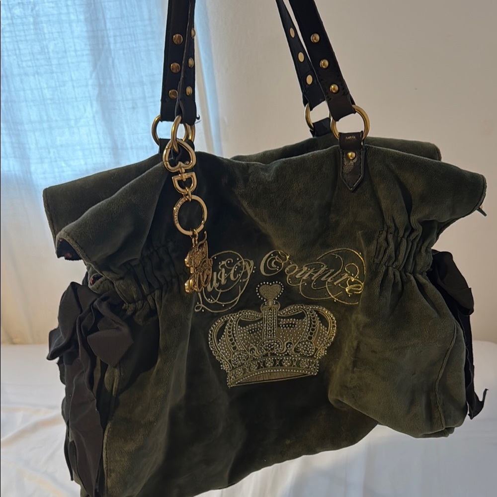 Vintage Juicy Couture olive Green and Gold Velour Tote daydreamer diaper bag